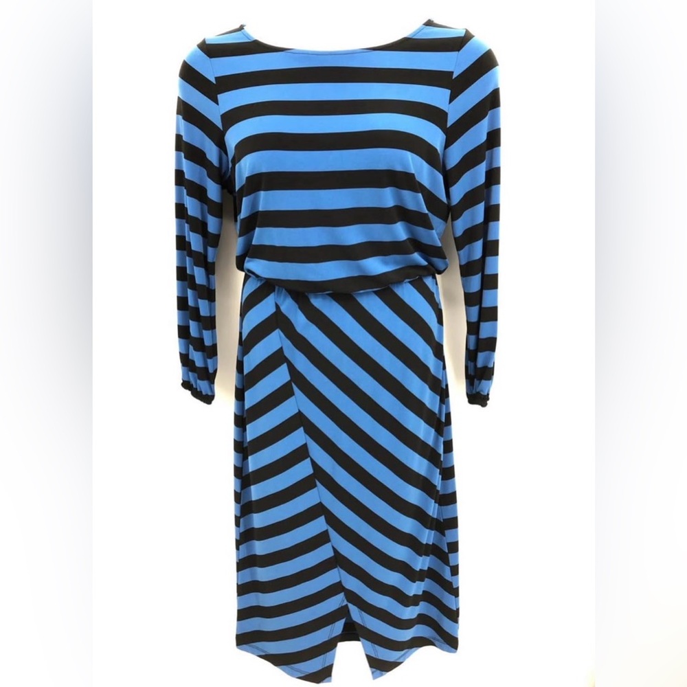 Leota Blue and Black Striped Knit 3/4 Sleeve “Tiana” Dress, NWT
